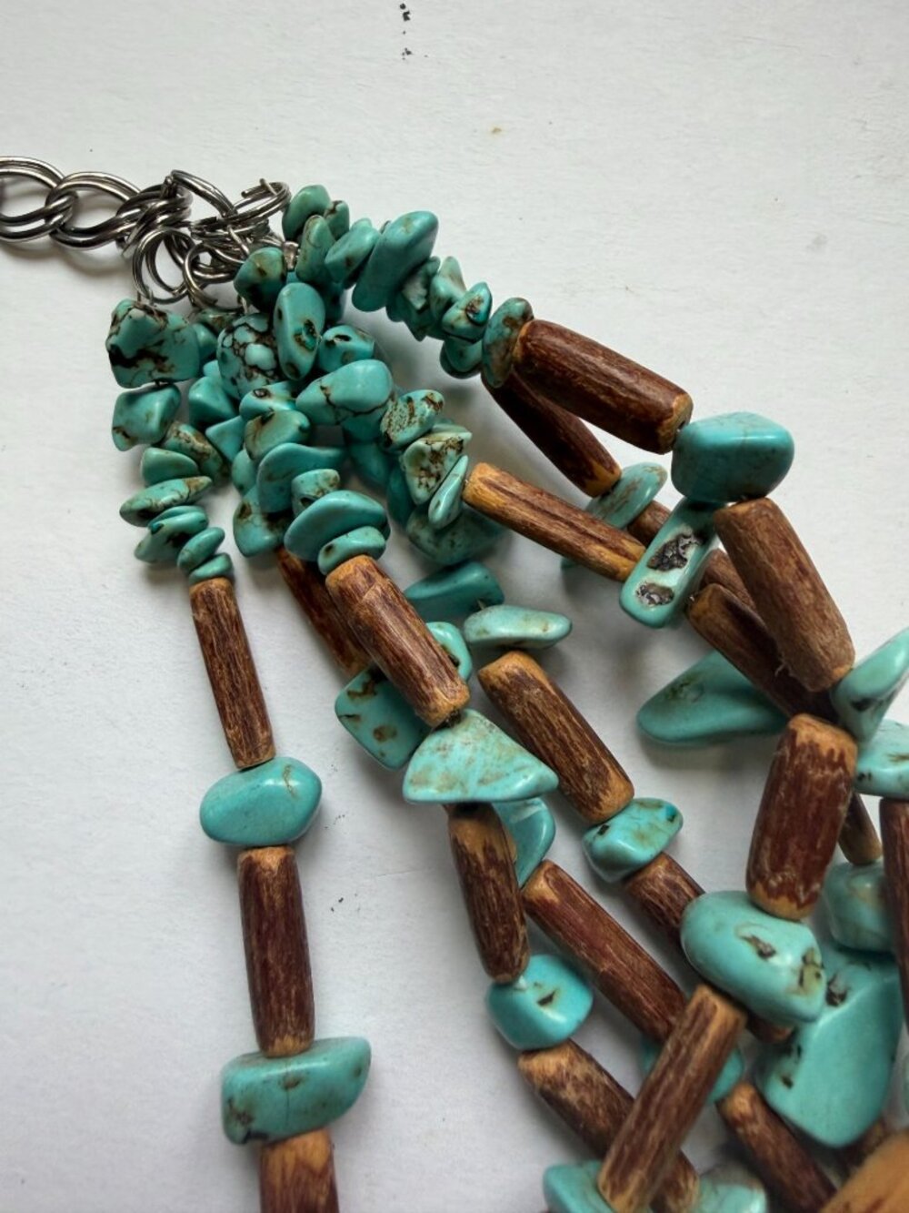 Genuine Turquoise Nuggets Wood Beads 7-Strand Necklace Southwestern Style 22" L - Picture 4 of 5